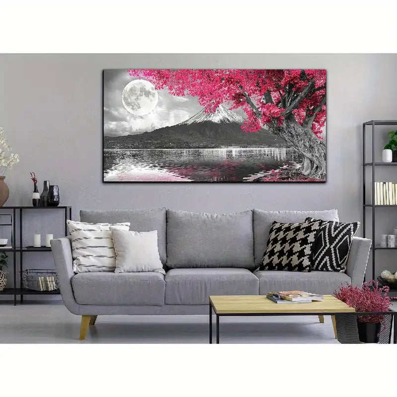 Pink Tree Night Sky Full Moon Mountain Wall Art canvas office home room framed 120x60cm