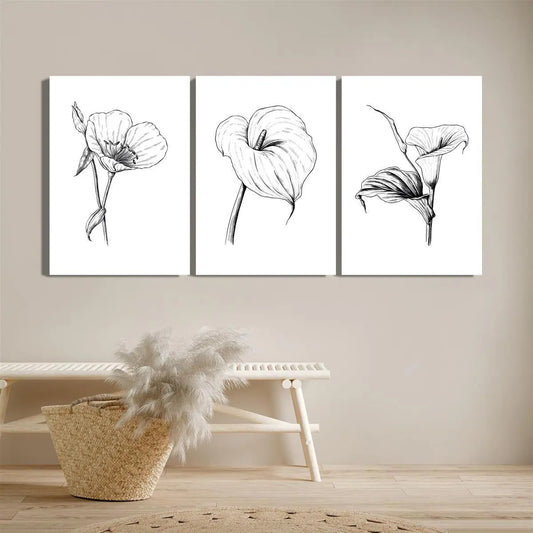 3pcs Black and White Flowers and Leaves Metal Print Ready to Hang Art