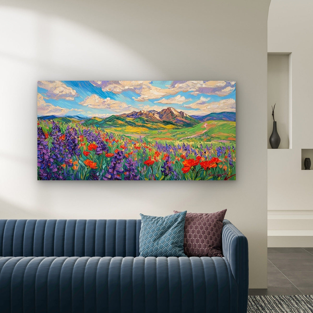 Retro Mountain Wildflowers Wall Art Canvas Office Home Room Framed 120x60cm