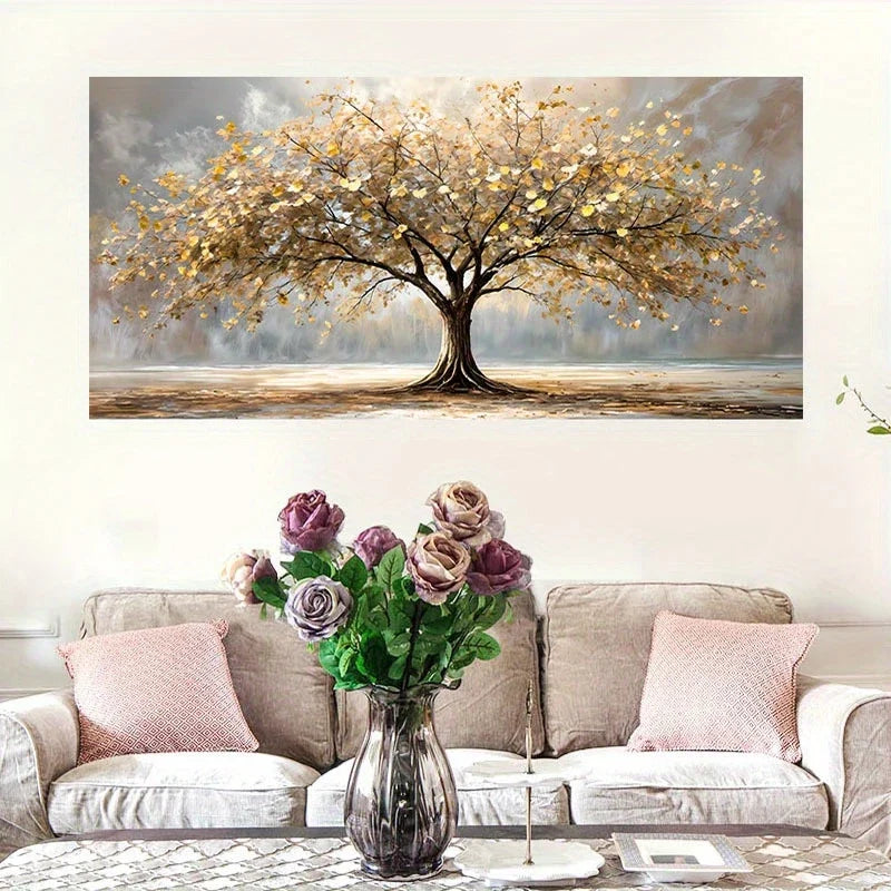 Golden & Beige Leaves Wall Art wall canvas office home room framed 120x60cm