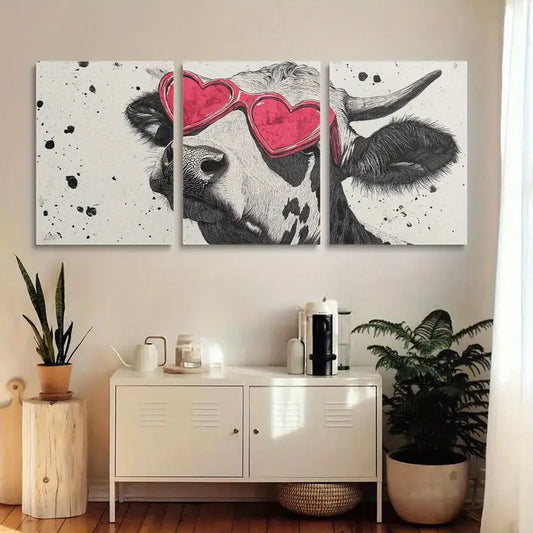 3pcs Cute Cow with Heart-Shaped Glasses Metal Print Ready to Hang Art