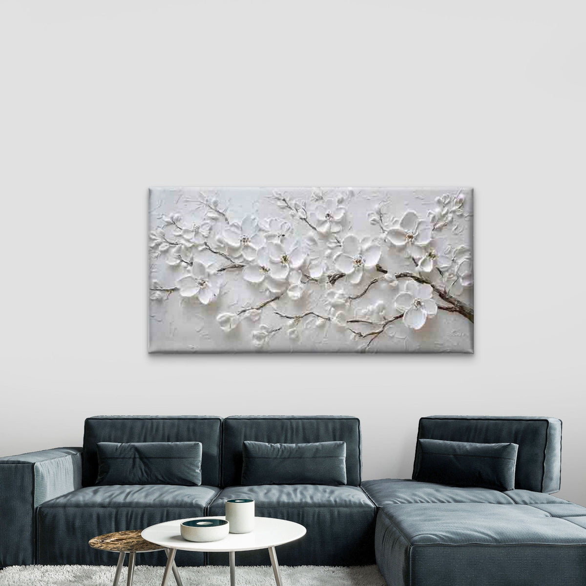 Abstract White Blossoms Wall Art Canvas Office Home Room Framed 80x45cm
