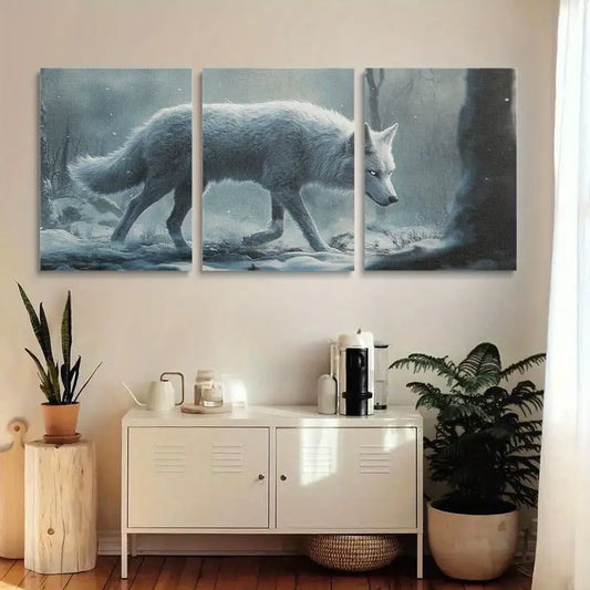 3pcs White Wolf Walks Through Snow Classic Design Metal Print Ready to Hang Art