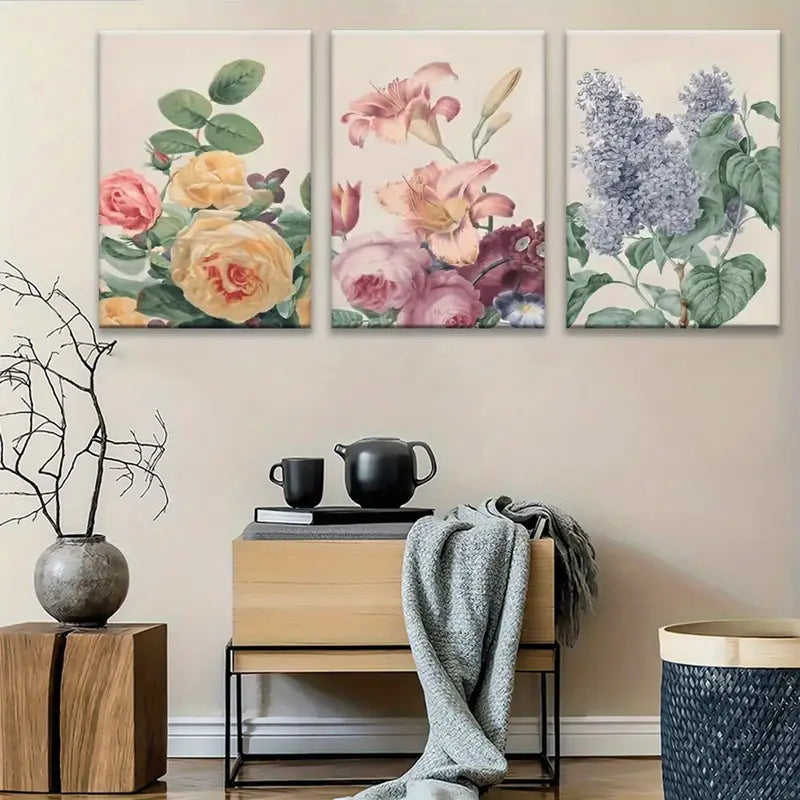 3pcs Vibrant Roses, Lilies & Hydrangeas Abstracts Metal Print Ready to Hang Art