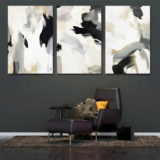 3pcs Bold Brushstrokes in Monochrome Tones Abstract Metal Print Ready to Hang Art