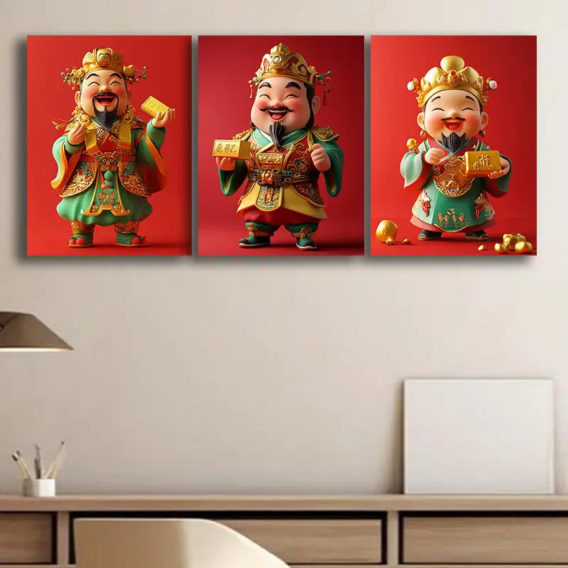 3pcs Cute Deity of Wealth Design Metal Print Ready to Hang Art