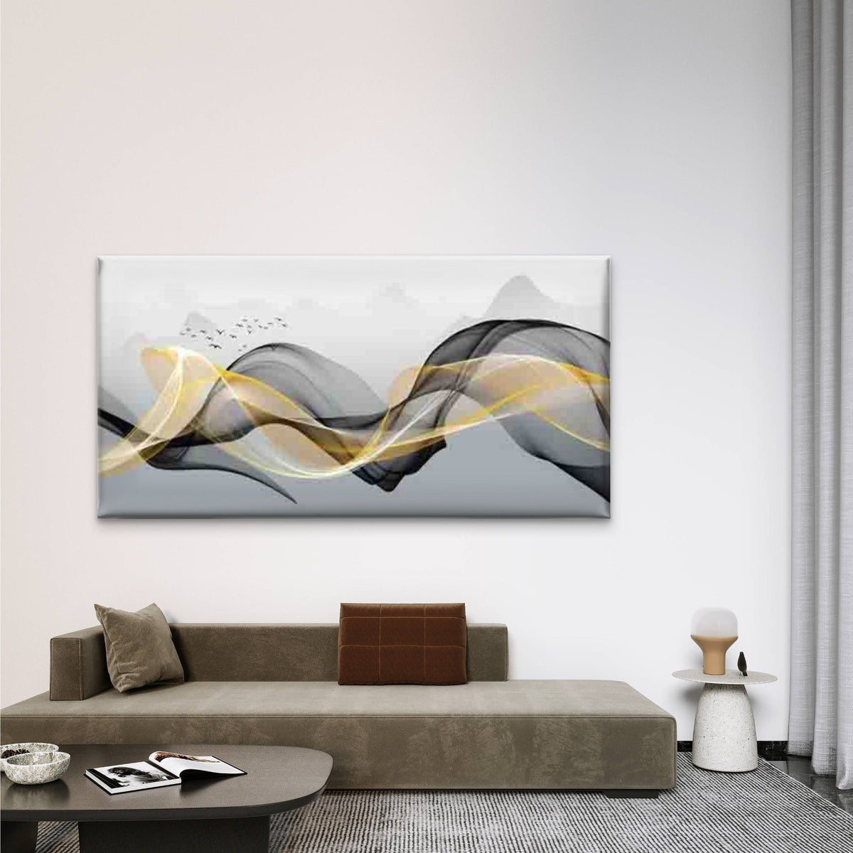 Waves in Golden And Black in Wall Art Canvas Office Home Room Framed 80x45cm