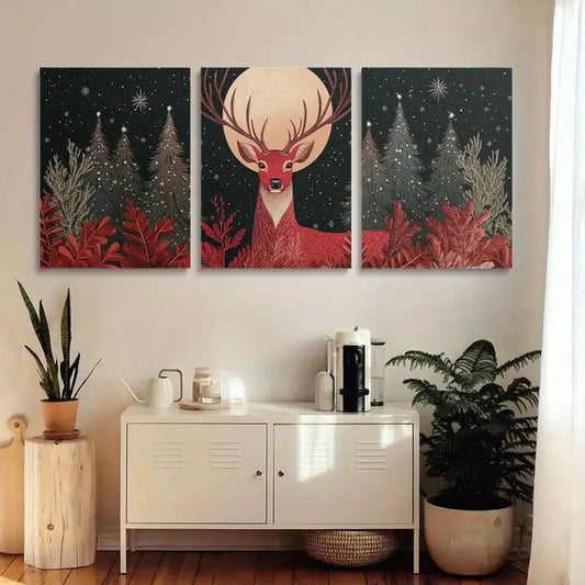 3pcs Elegant Red-Nosed Deer with Snowy Forest & Starry Night Metal Print Ready to Hang Art