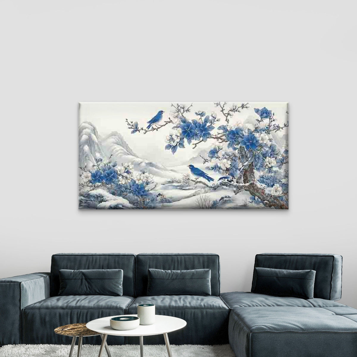 Blue Birds & Snowy Landscape Wall Art Canvas Office Home Room Framed 80x45cm