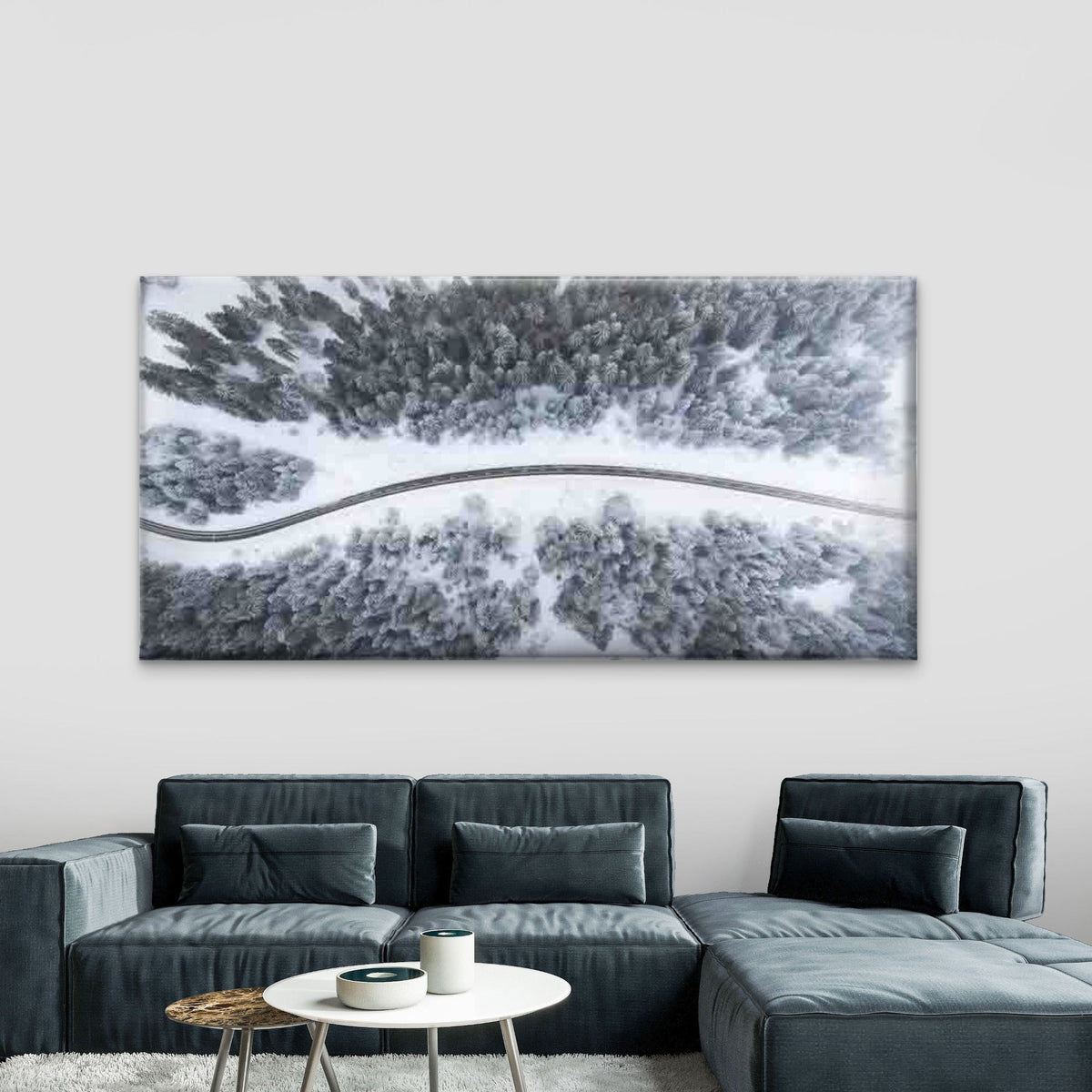 Aerial Winter Forest Road Wall Art Canvas Office Home Room Framed 80x45cm