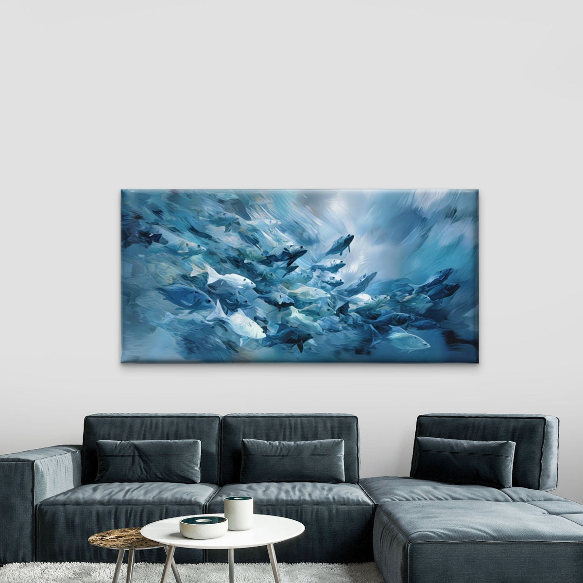Ocean Life Blue Harmony Wall Art Canvas Office Home Room Framed 80x45cm