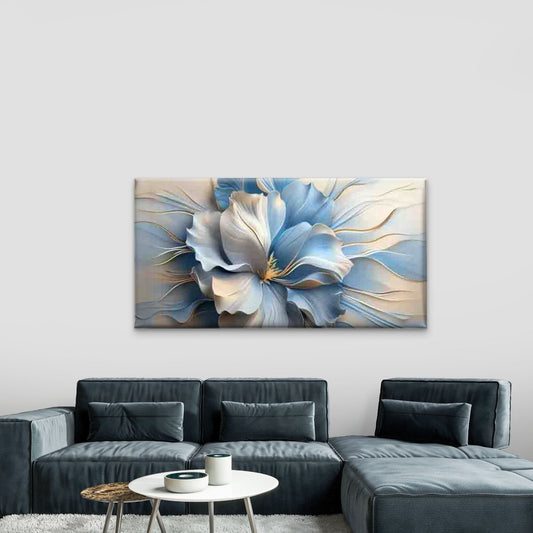 Blue And White Floral Design Wall Art Canvas Office Home Room Framed 80x45cm