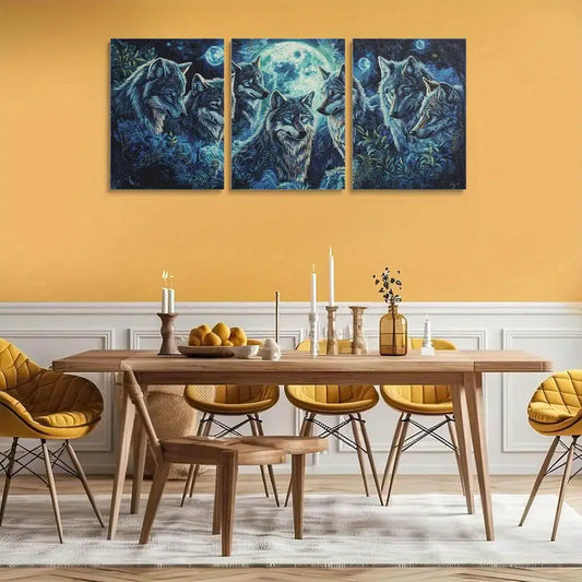 3pcs Mystical Gathering of Wolves Under Full Moon Metal Print Ready to Hang Art