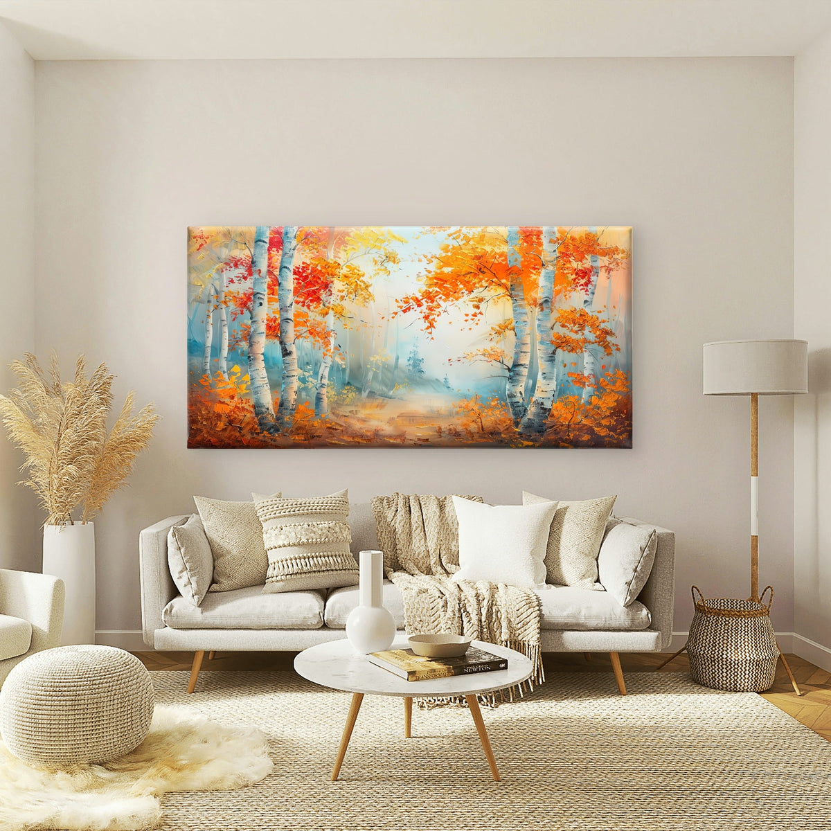 Autumn Birch Forest Tree Wall Art Canvas Office Home Room Framed 80x45cm