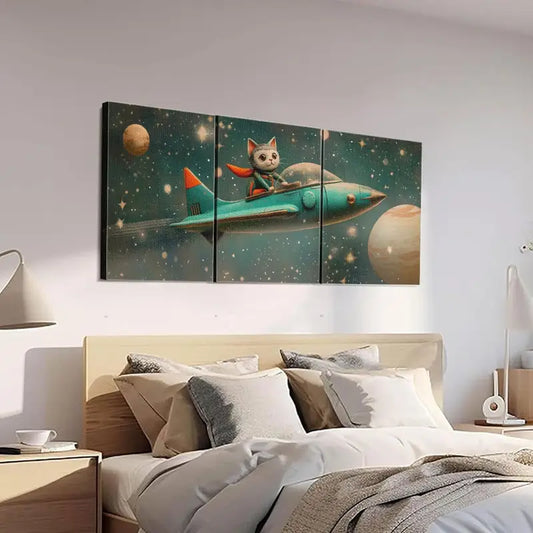 3pcs Whimsical Anthropomorphic Cat in Spaceship Metal Print Ready to Hang Art
