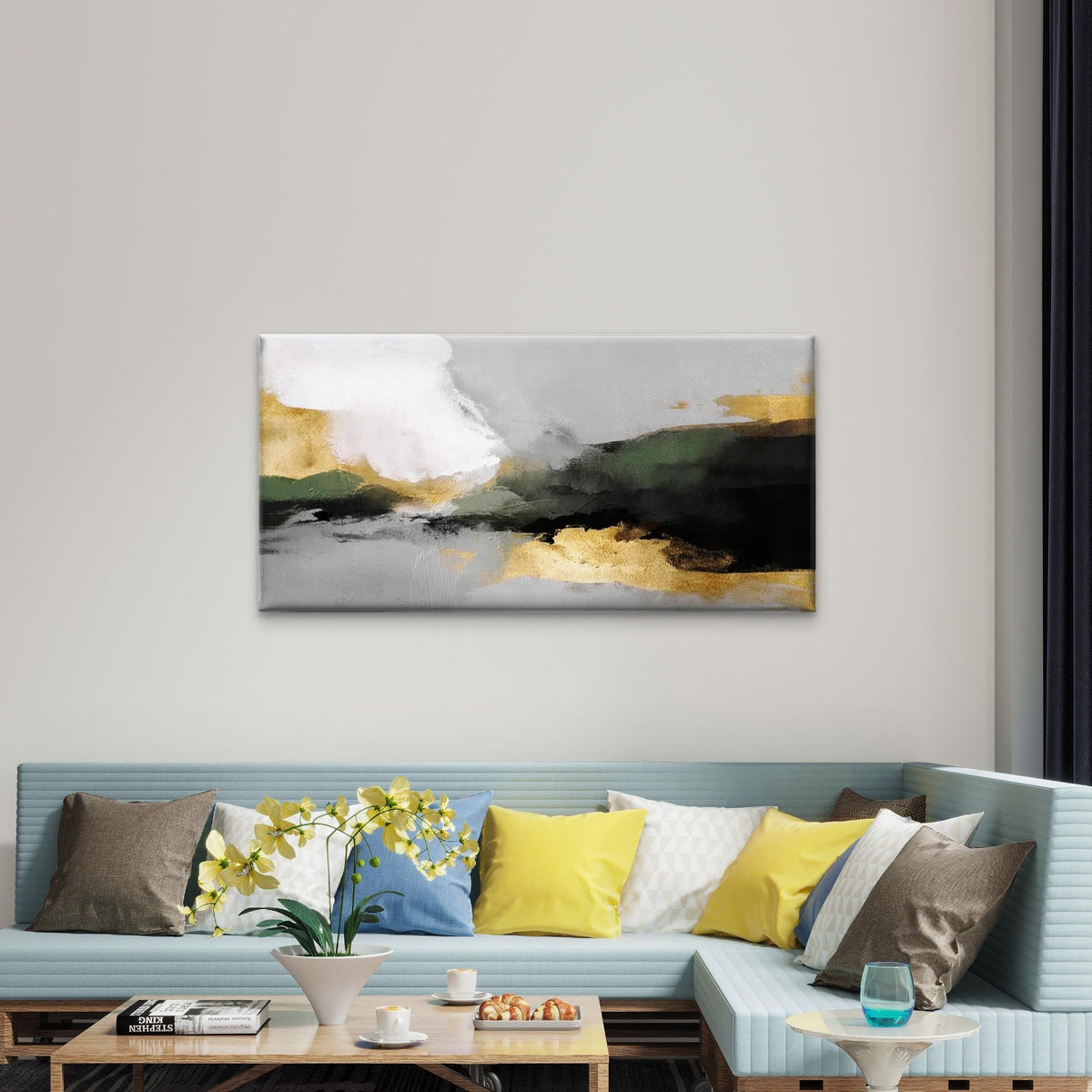 Green Gold Gray Black Abstract Wall Art Canvas Office Home Room Framed 120x60cm