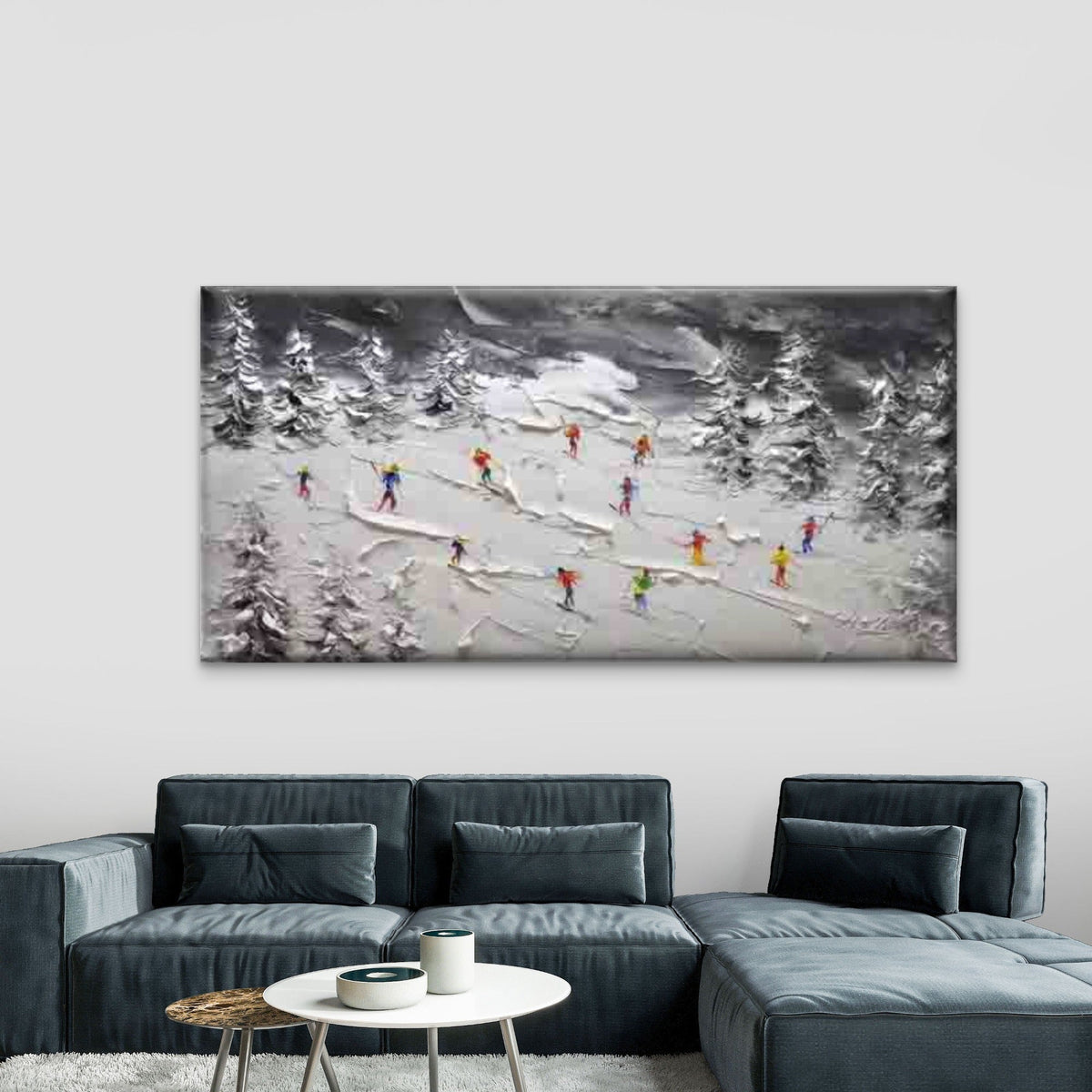 Skiers in Snowy Mountain Forest Wall Art Canvas Office Home Room Framed 80x45cm