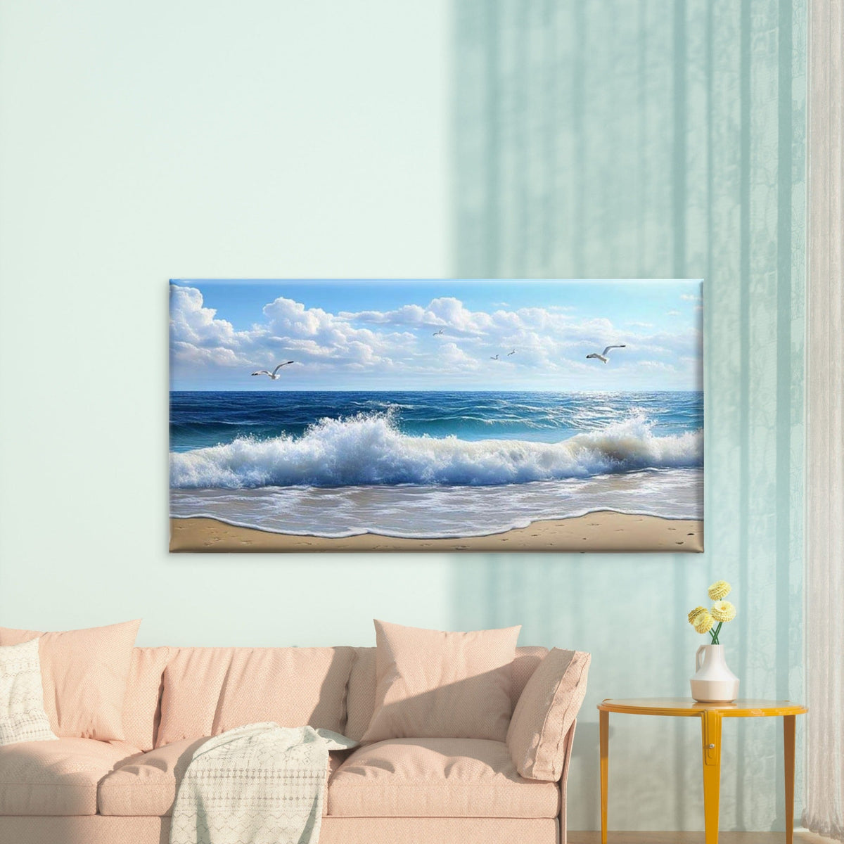Waves and Seagulls Beach Wall Art Canvas Office Home Room Framed 120x60cm