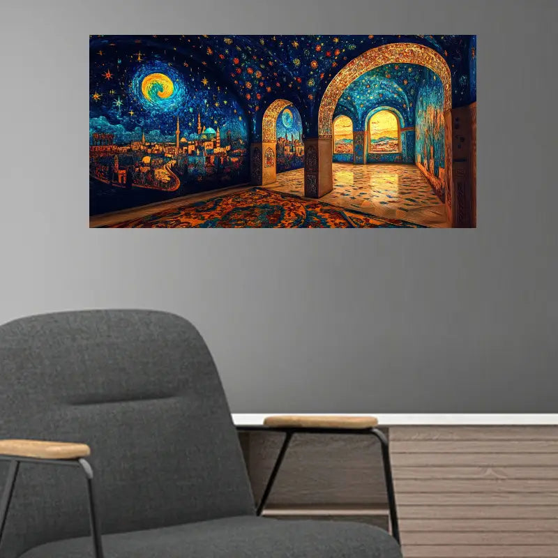 Van Gogh Starry Night Inspired Retro Architecture Design Wall Art wall canvas office home room framed 120x60cm