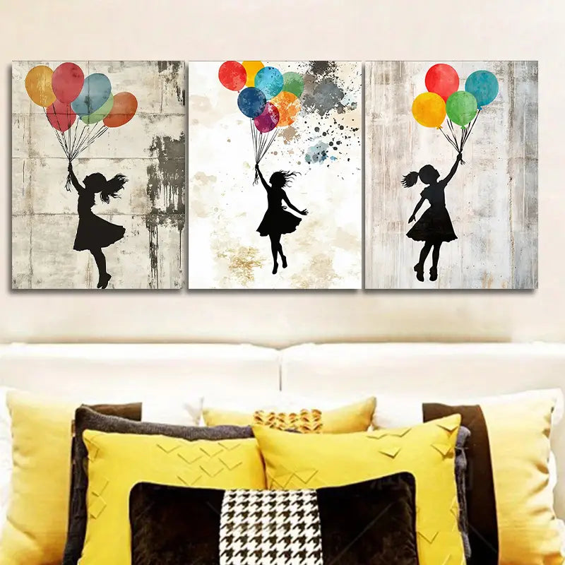 3pcs Featuring a Girl with Balloons Metal Print Ready to Hang Art