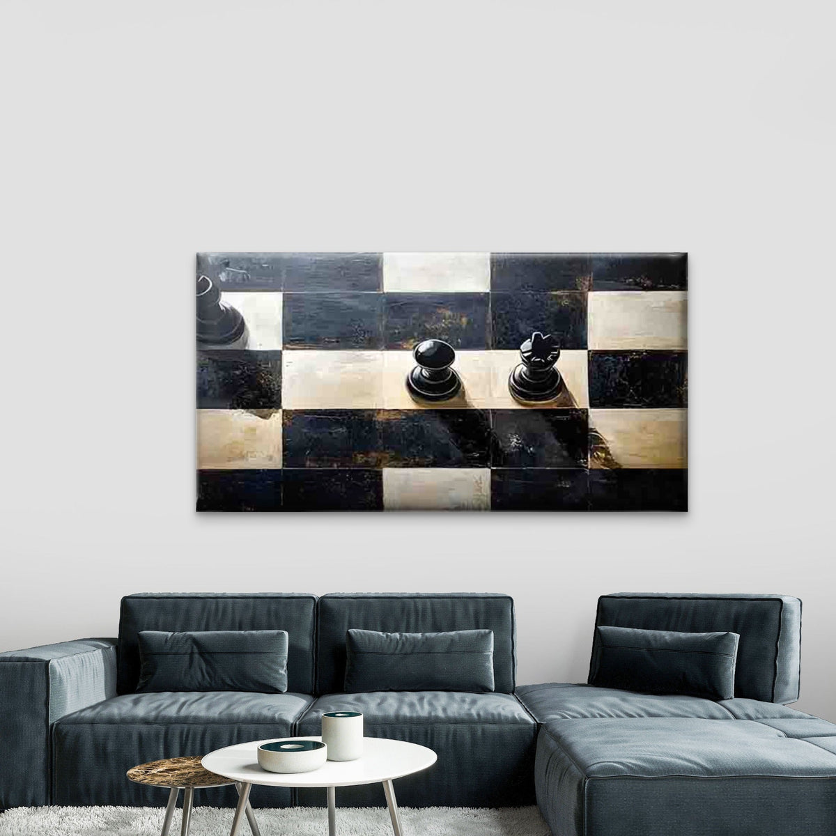 Black and White Chessboard Wall Art Canvas Office Home Room Framed 80x45cm