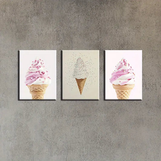 3pcs Abstract Ice Cream Pink & White Classic Design Metal Print Ready to Hang Art