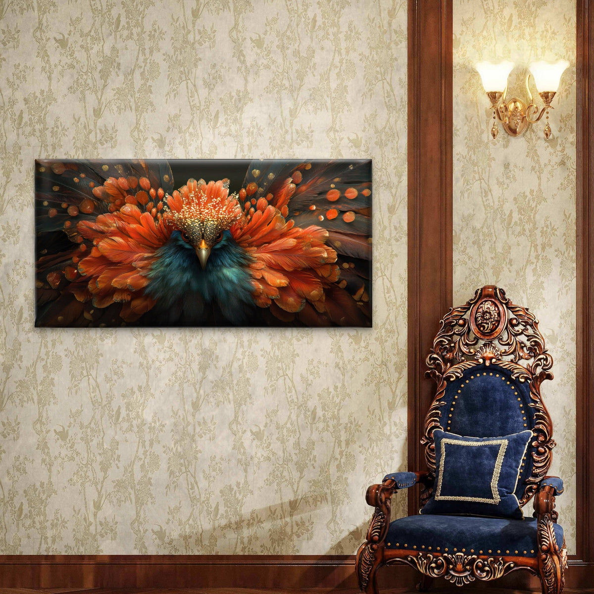 Majestic Phoenix Golden Feather Wall Art Canvas Office Home Room Framed 80x45cm