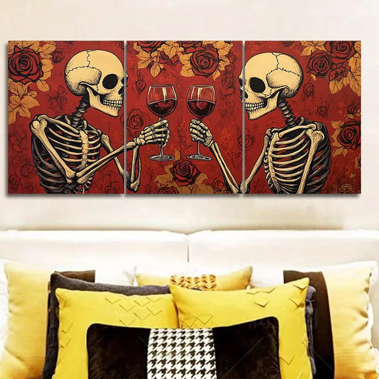 3pcs Skeletons Clinking Wine Glasses Metal Print Ready to Hang Art