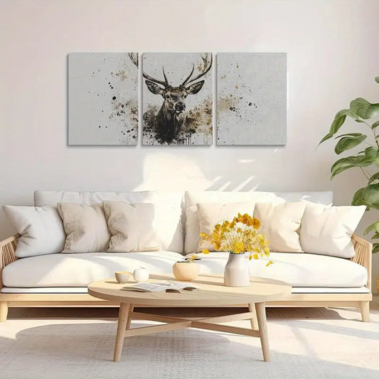 3pcs Elegant Watercolor Deer Illustration with Golden Ink Drip Splashes Metal Print Ready to Hang Art