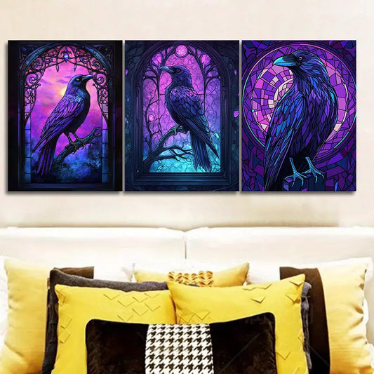 3pcs Stained glass window a Raven Metal Print Ready to Hang Art