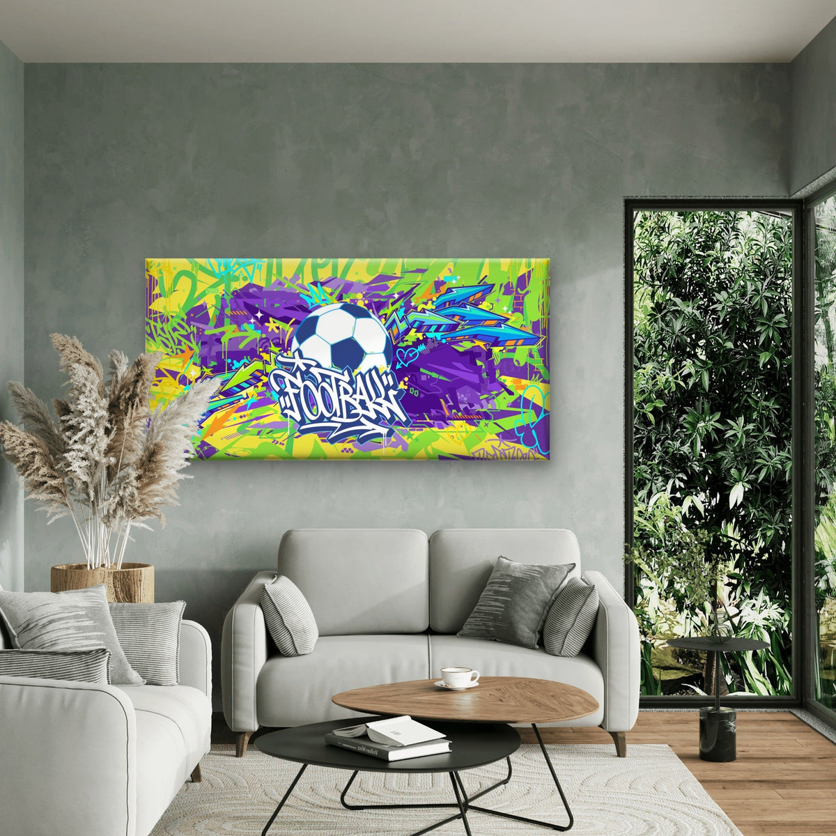Football Neon Graffiti Vibrant Wall Art Canvas Office Home Room Framed 120x60cm