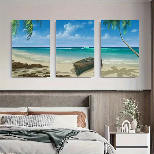3pcs Tropical Seascape with Sand and Weathered Boat Metal Print Ready to Hang Art