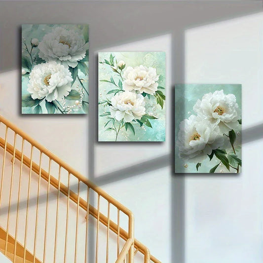 3pcs White Blossom Roses Greenery Elegant Metal Print Ready to Hang Art