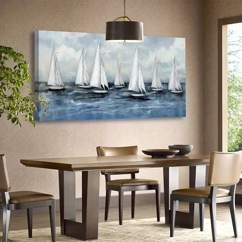 Sea Sailboat Abstract Ocean Nautical White Seascape Wall Art canvas office home room framed 120x60cm