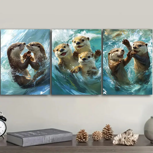 3pcs Playful Otters Metal Print Ready to Hang Art