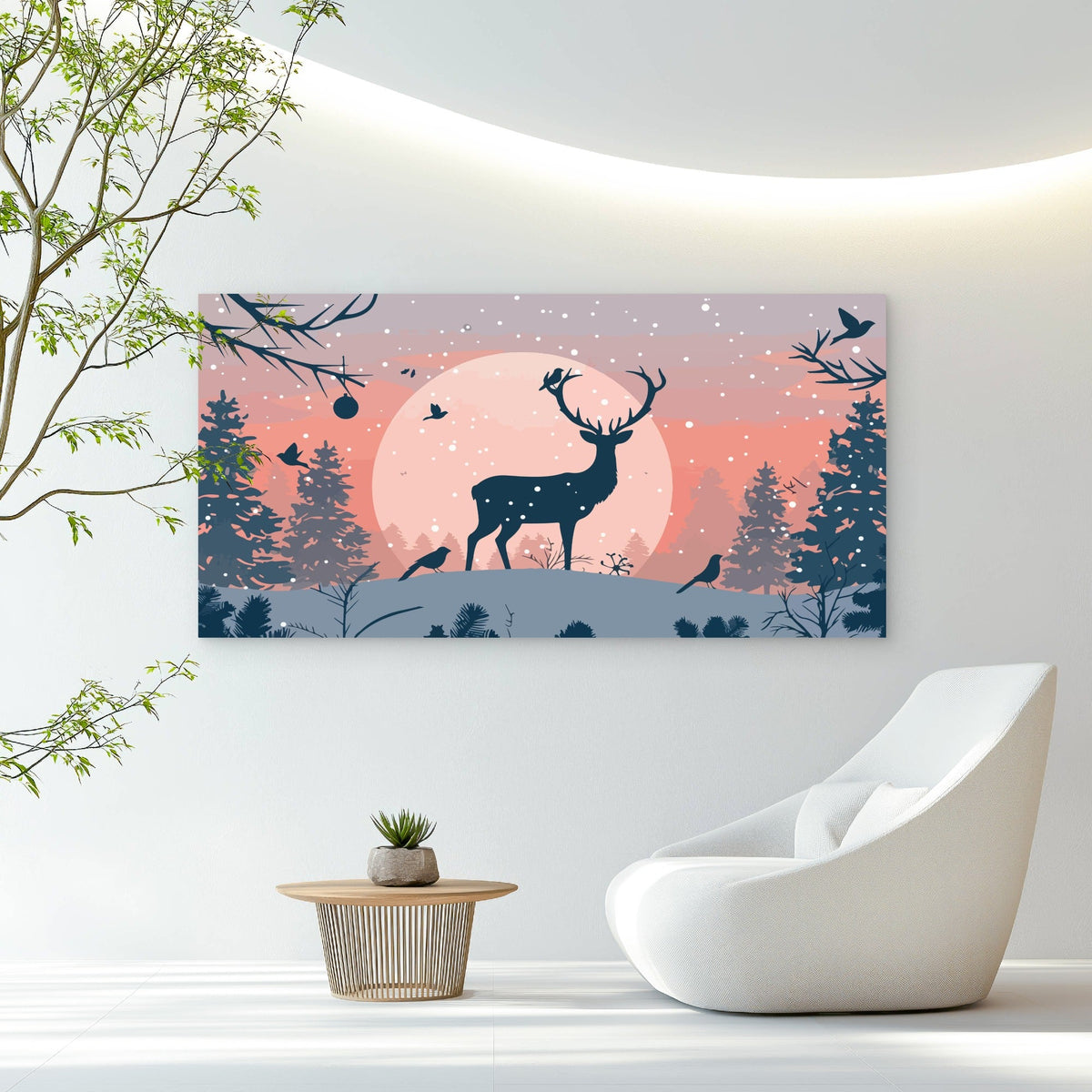 Stag Under Winter Moon Wall Art Canvas Office Home Room Framed 120x60cm