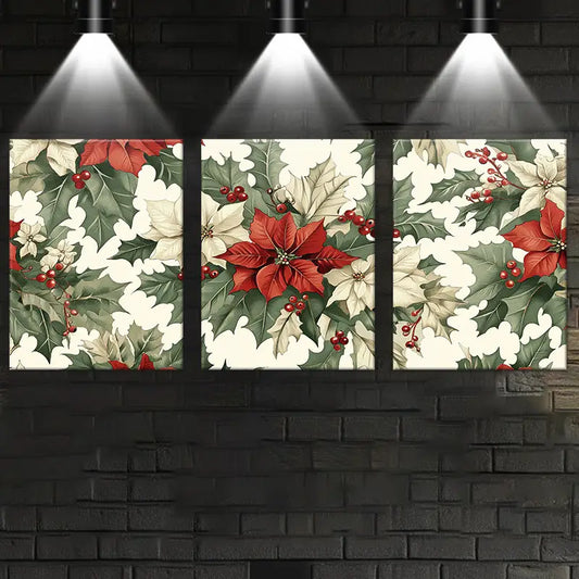 3pcs Festive Holly & Berry Red Green Design Metal Print Ready to Hang Art