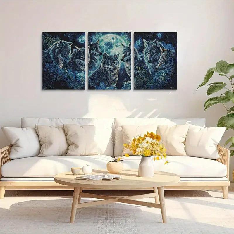 3pcs Mystical Gathering of Wolves Under Full Moon Metal Print Ready to Hang Art