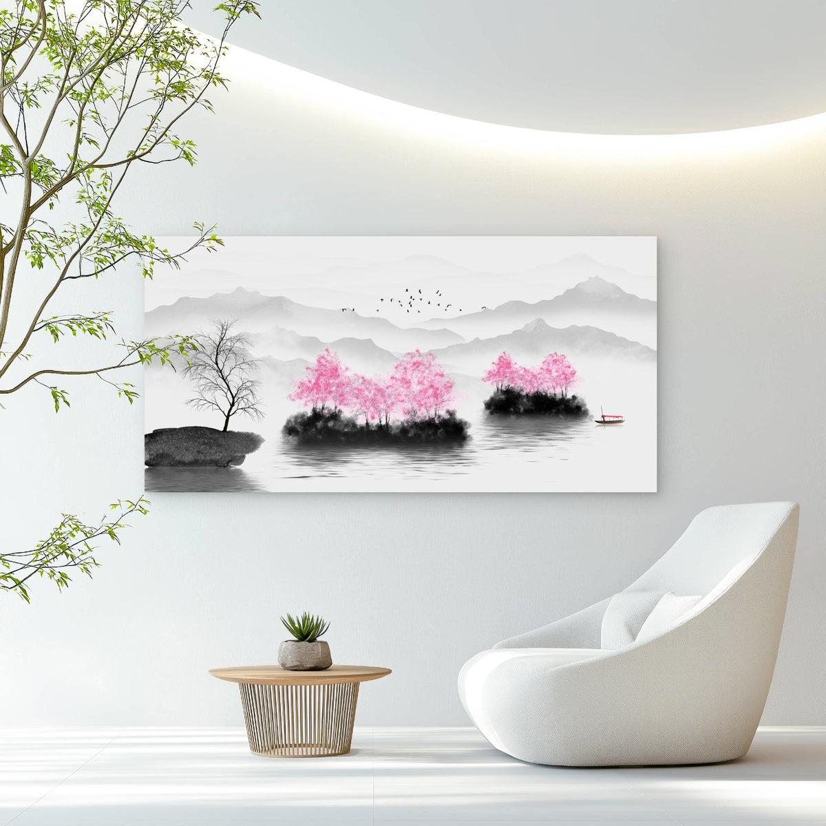 Serene Pink Blossom Landscape Wall Art Canvas Office Home Room Framed 80x45cm