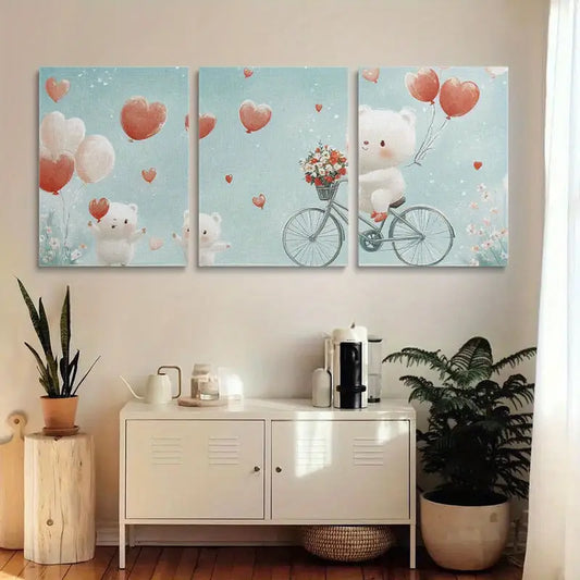 3pcs White Bear on Bicycle with Red Hearts and Balloons Metal Print Ready to Hang Art