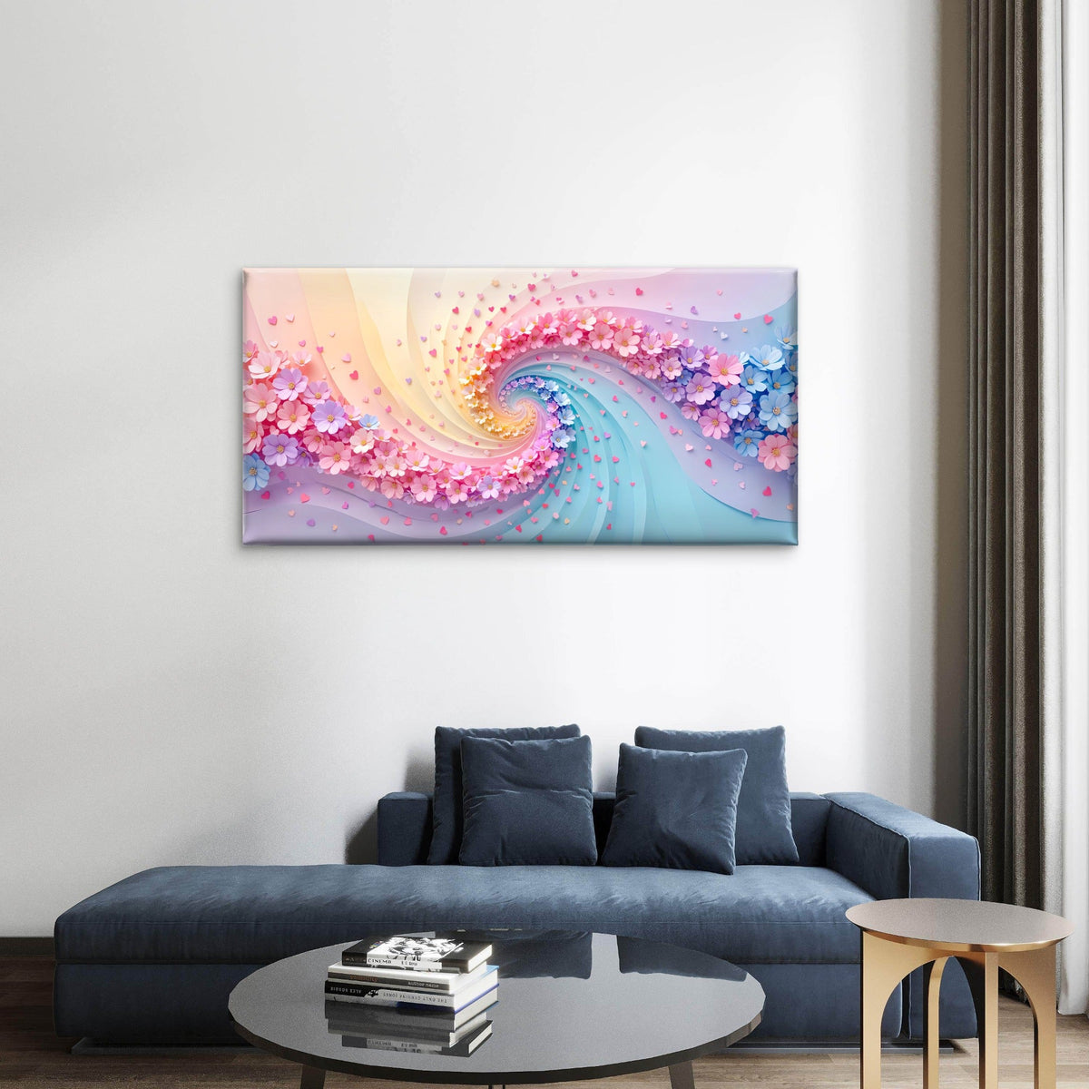 Pastel Floral Spiral Swirl Pink Blue Rainbow Wall Art Canvas Office Home Room Framed 80x45cm