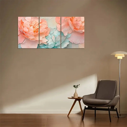 3pcs Summer Peony Petals in Peach & Aqua Wall Art Set Canvas Framed 40x60cm - High Quality Print 100% Australian Made Wall Canvas Ready to Hang