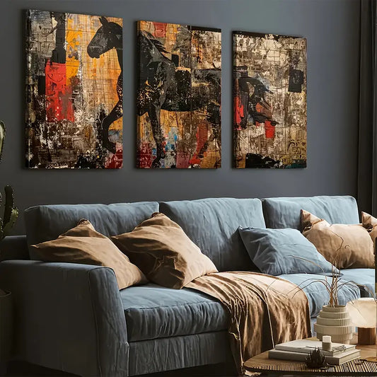 3pcs Vintage Wind Horse Animal Landscape Art Wall Art Set Canvas Framed 40x60cm - High Quality Print 100% Australian Made Wall Canvas Ready to Hang
