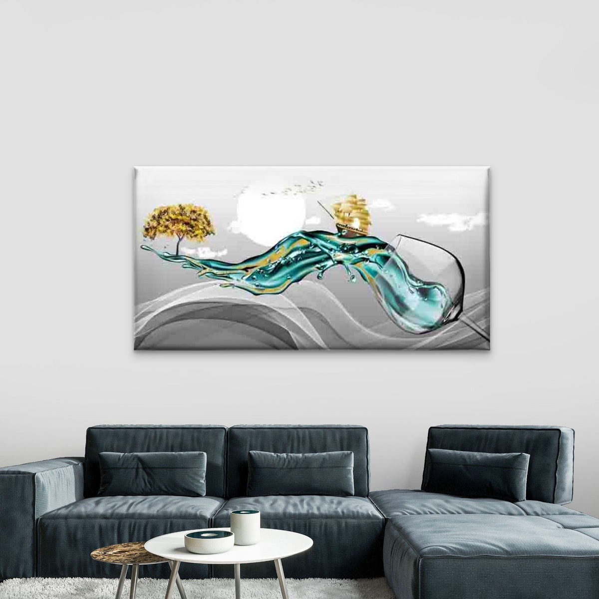 Sailing Ship Journey with Wine Wall Art Canvas Office Home Room Framed 80x45cm