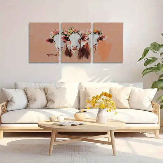 3pcs Cow with Flower Headbands Classic Design Metal Print Ready to Hang Art