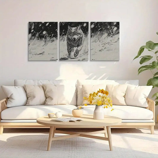 3pcs Running Wolf in Snow Black & White Metal Print Ready to Hang Art
