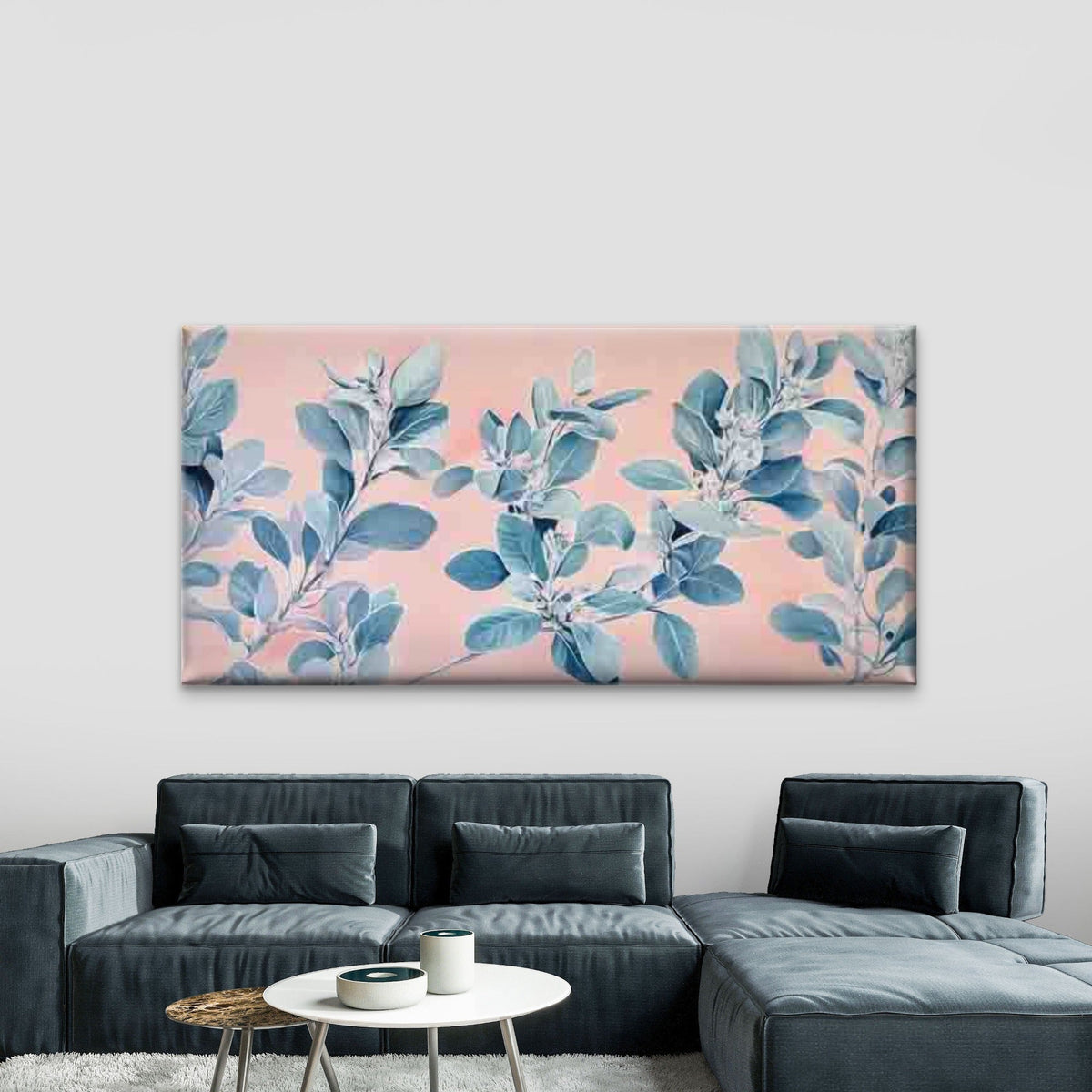 Blue Leaf Botanical Wall Art Canvas Office Home Room Framed 80x45cm