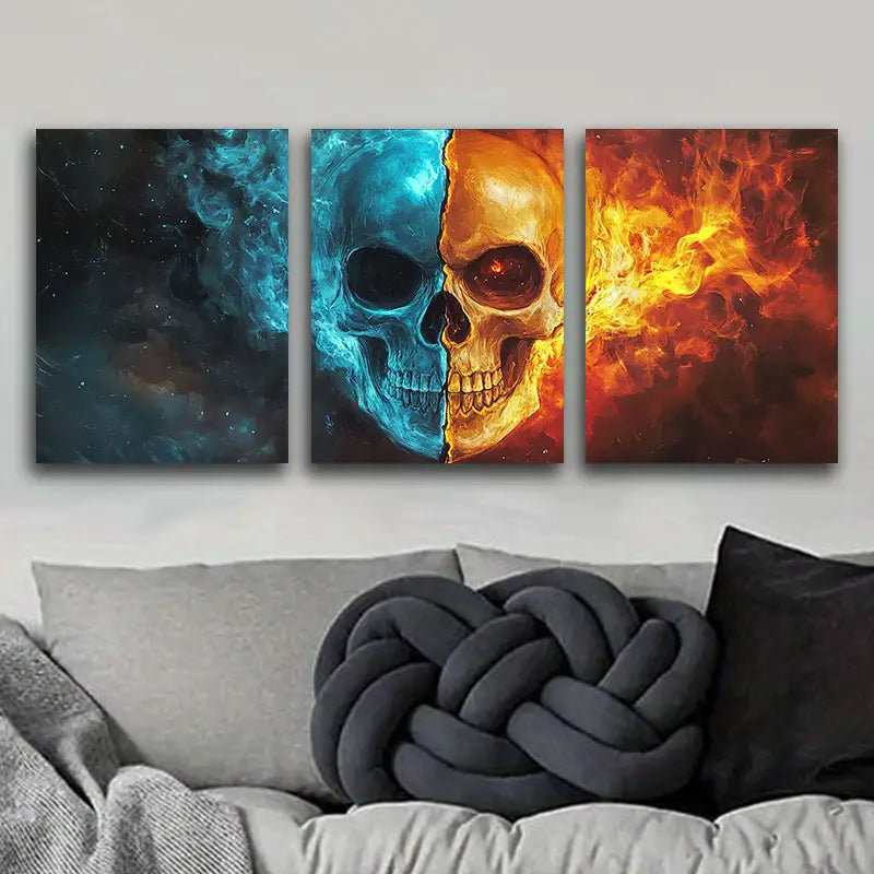 3pcs Fire skull and an ice skeleton head Metal Print Ready to Hang Art