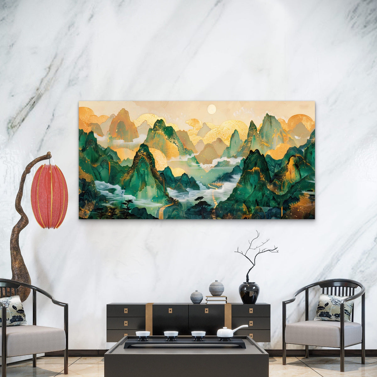 Infinite Jade Mountain Range Wall Art Canvas Office Home Room Framed 80x45cm