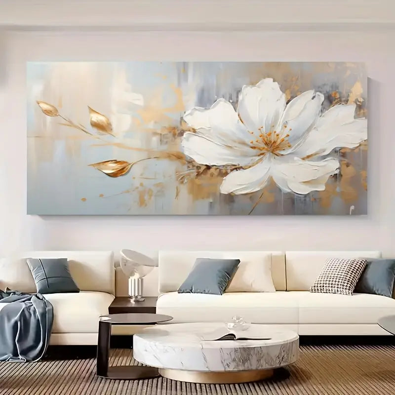 Modern Abstract White Floral with Golden Accents Wall Art wall canvas office home room framed 80x45cm